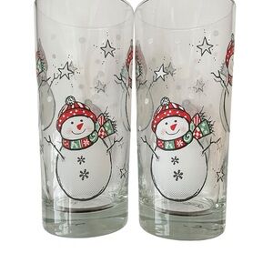 Snowman Christmas Glasses Tea Tumbler Highball Set Of 2 Vintage Unbranded